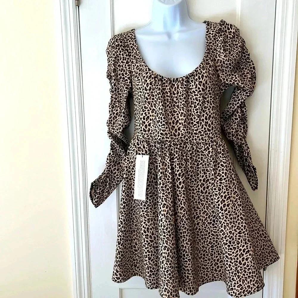 NWT Long Puff Sleeve Mini‎ Dress Women's 6 Leopard Print Swing Flirty Milkmaid